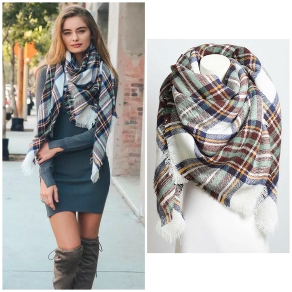 Accessories - White Mint Brown Classic Frayed Hem Blanket Scarf